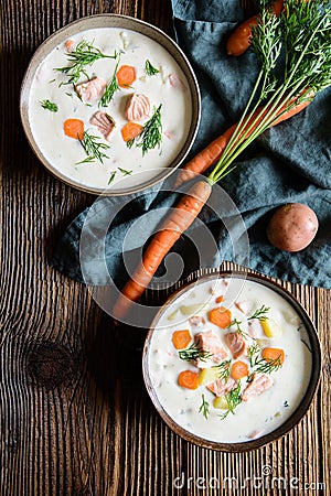 Lohikeitto, traditional salmon soup with potato, carrot and dill Stock Photo